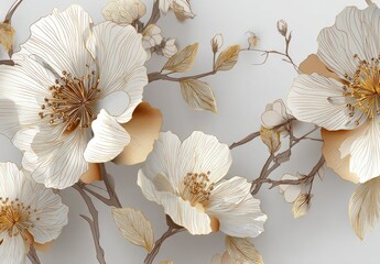 Close-up view of elegant, stylized blossoms with intricate gold line detailing, creating a sense of delicate artistry on a neutral background
