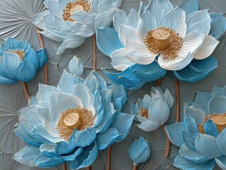 Close-up view of stylized lotus flowers in shades of blue and white, with textured leaves against a neutral gray background