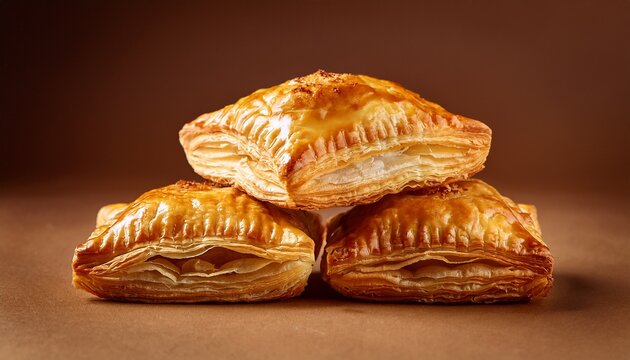 Golden Curry Puff Pastry With Flaky Layers On Brown Background