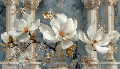 Digital art features giant white flowers and gold accents with marble pillars and a textured blue background