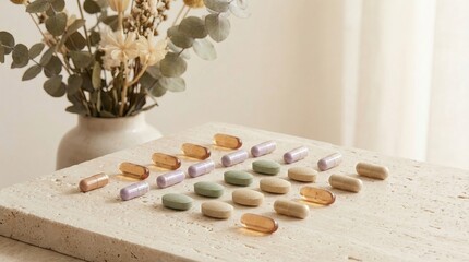 Colorful vitamin pills and supplements arranged in rows on beige stone surface with eucalyptus branches in vase, natural light