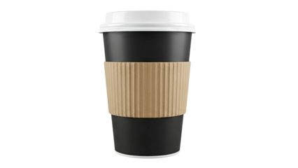 Black disposable coffee cup with white lid and brown sleeve