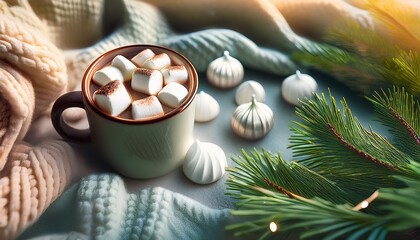 Hello Winter Festive Scene With Mug Cocoa Marshmallows Sweater Knit Blanket And Pine Branches On Gre 13951181 1