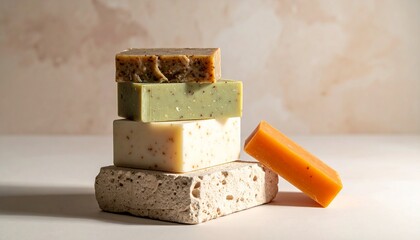 Fototapeta premium Artisan Natural Soap Bars Stacked in a Wellness and Skincare Display