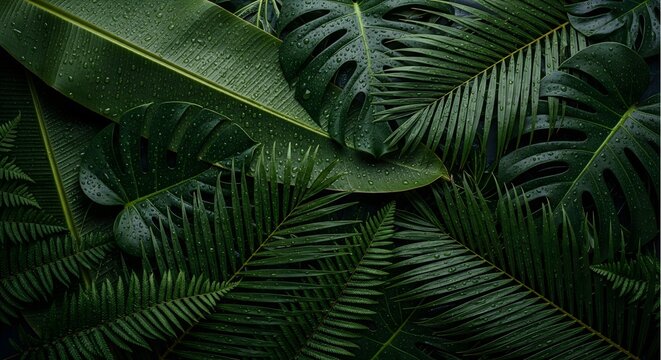 Dark green tropical leaves background with rain water drops. Wet monstera and palm foliage texture. Fresh exotic rainforest jungle nature concept.
