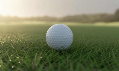 Fototapeta premium Golf ball on a lush green fairway at sunrise
