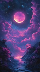 Enchanted moonlit path through vibrant clouds under starry night sky landscape