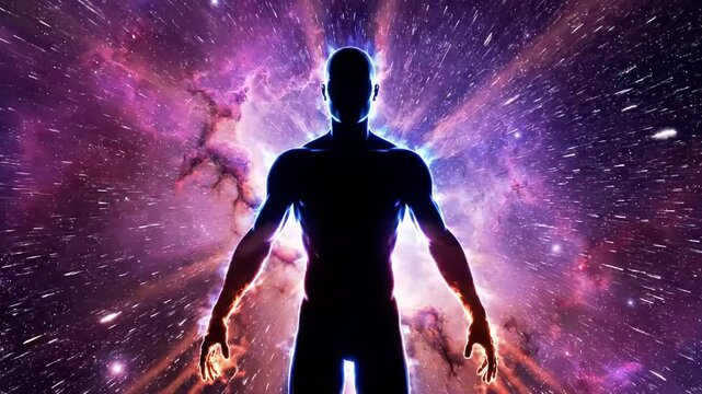 A dark silhouette of a man stands with arms outstretched before a vibrant, colorful galaxy background