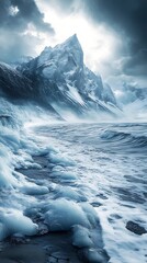 Icy Peak Overlooking Frozen Ocean, A Winter Landscape of Dramatic Beauty