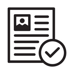 a black and white icon depicting a document with a profile picture and a checkmark symbol for confirmation © mdsaikat