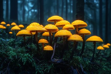 Mystical glowing mushrooms in a deep forest, illuminated fungal colony