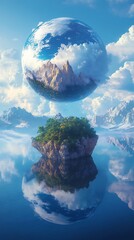 Surreal floating island dreamscape reflected in tranquil waters under ethereal skies