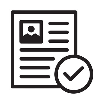 a black and white icon depicting a document with a profile picture and a checkmark symbol for confirmation