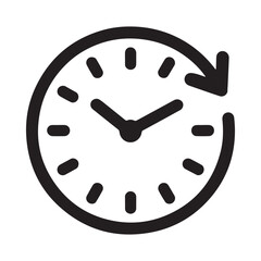 a simple black and white icon depicting a circular clock with an arrow indicating a cyclical or repeating process