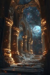 Celestial dreamscape: Ancient ruins under a starlit sky evoke timeless mystery