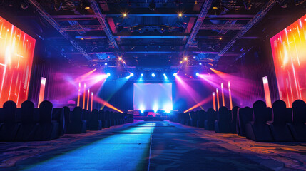 Spectacular Stage Setup: The vibrant stage, illuminated by a dynamic array of colorful lights, stands ready to host an unforgettable event, its energy amplified by the absence of an audience.