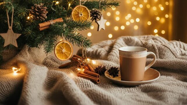 Beautifully decorated Christmas tree with orange slices and cozy winter vibes
