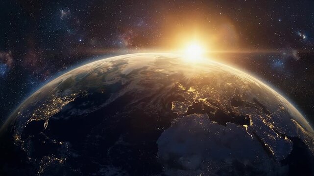 Stunning Earth at Sunrise from Space with Bright Starry Background and Glowing Atmosphere