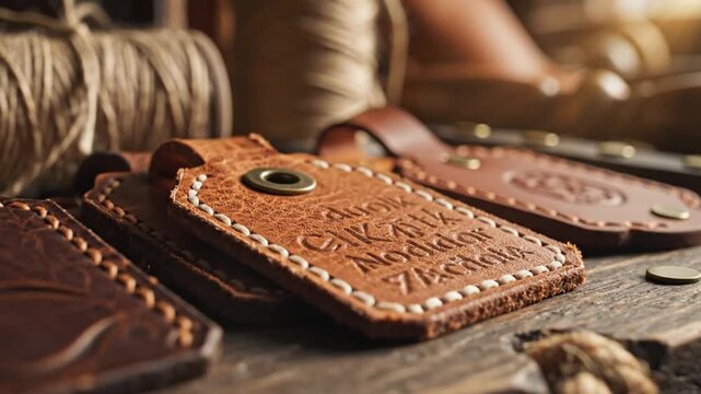 A captivating close-up of meticulously handcrafted leather keychains or tags, showcasing intricate white stitching and sturdy brass-colored metal eyelets on a warm, rustic wooden surface. Blurred spoo