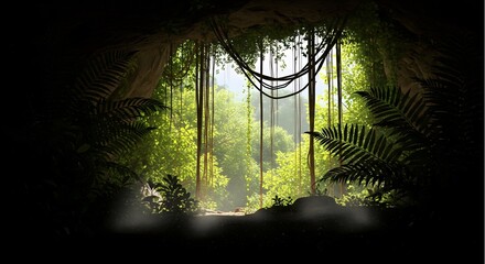 Fototapeta premium View from inside dark rocky cave looking out to lush green tropical rainforest jungle. Nature frame background with hanging vines and sunlight beam.