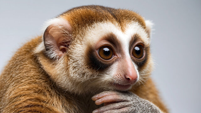 close up of a cute slow loris on a plain white background
