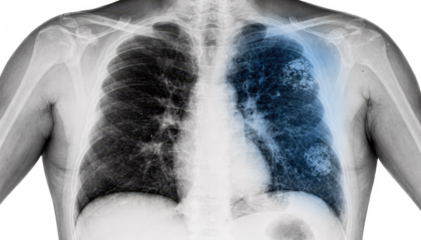 High contrast medical Xray images displaying clear lung fields alongside congested pulmonary areas with blue overlay differentiation on white backdrop.