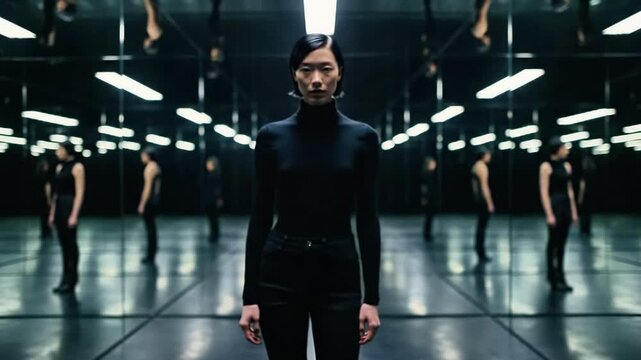 A woman in black clothing stands in a large mirrored room with multiple reflections of herself