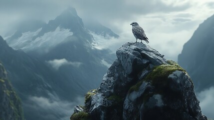 Solitary bird on a rocky peak overlooking a mystical misty mountain range