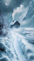 Winter's embrace: A secluded cabin nestled amidst a snow-covered landscape's serenity