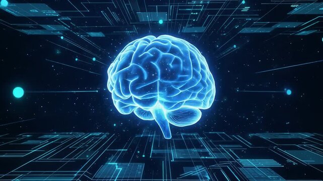 Futuristic digital depiction of a glowing human brain with data connections in a tech-inspired environment