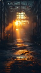 Illuminating radiance piercing through abandoned industrial greenhouse at twilight