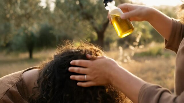 Natural Hair Treatment with Olive Oil in a Serene Outdoor Setting