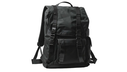 Naklejka premium Black, urban-style backpack with multiple straps, buckles, a front pocket, and a roll-top closure. Ideal for travel or daily use