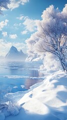 Serene winter landscape with frosted trees and glistening icy waters reflection