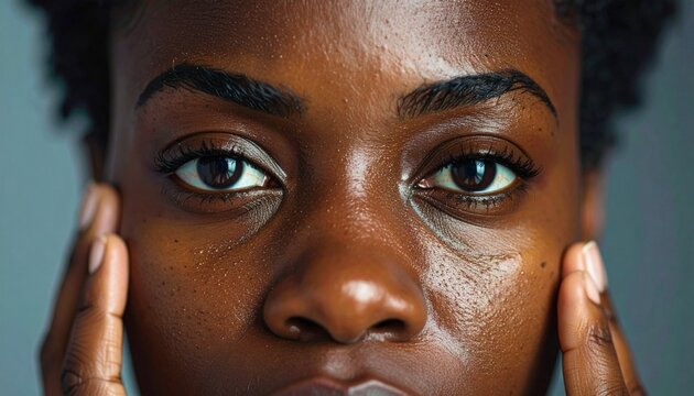 Close-up of a woman applying skincare product to her face.