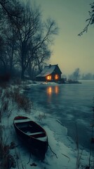 Winter's Serenity: A Cozy Cottage Reflects on Icy Waters in Snowy Landscape