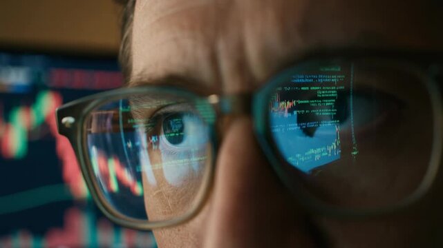 Focused trader analyzing stock market trends with glasses reflecting data and charts