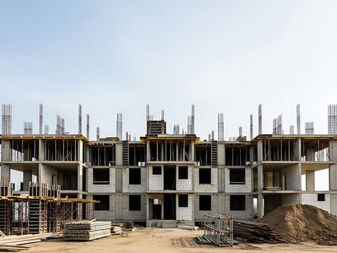 Residential Building Under Construction Against a Clear Sky Backdrop
