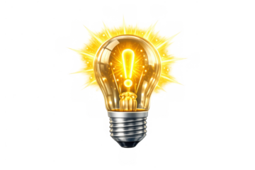 Glowing light bulb with exclamation mark symbol, representing insight, innovation, and creative new ideas popping up