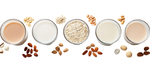 Collection of plant-based milk types isolated on transparent background