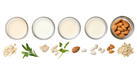 Assorted milk alternatives and ingredients on transparent background