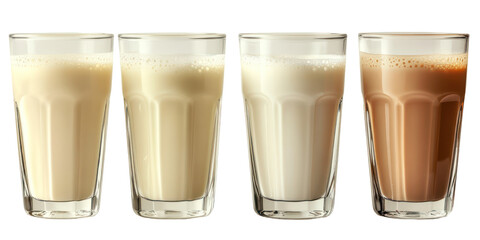 Four glasses of latte variations isolated on transparent background