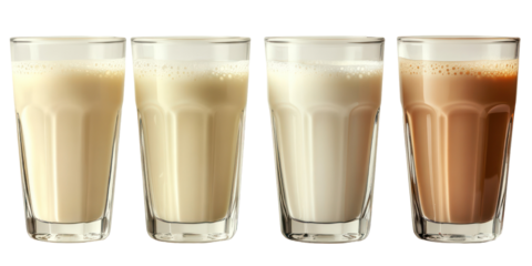 Four glasses of latte variations isolated on transparent background
