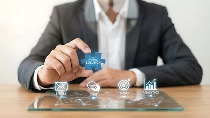 Businessman holding blue puzzle piece.