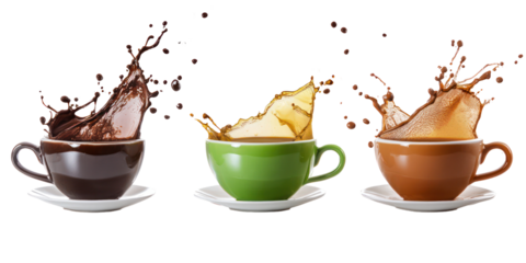 Dynamic coffee splash in cups, isolated on transparent background
