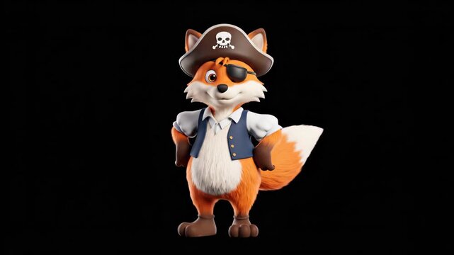 A furry fox pirate stands with a jaunty eyepatch tricorn hat and vest against a black background