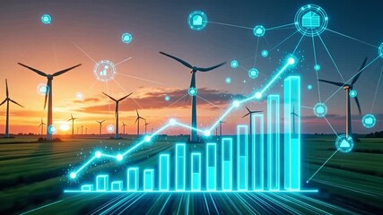 A futuristic 4K visualization of renewable energy investment growth featuring wind turbines combined with a glowing digital bar chart and upward arrow at sunset. This scene represents clean energy inn - Powered by Adobe
