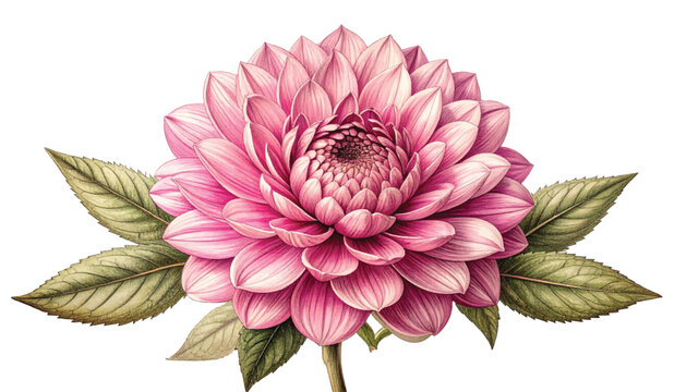 Detailed pink dahlia illustration with leaves, isolated floral artwork. Decorative layered blossom drawing for packaging, beauty, spa branding. Soft pastel flower graphic for feminine products and wed