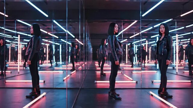 A person standing in a room with multiple reflections in mirrors, surrounded by neon lights