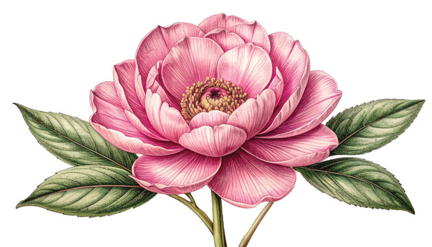 Vintage pink flower illustration with leaves, elegant botanical art. Delicate rose peony bloom drawing, romantic floral clipart isolated. Handcrafted watercolor blossom graphic for wedding branding de